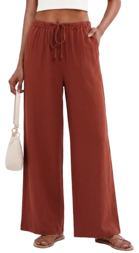 HONGTEYA Linen Pants for Women Wide Leg Palazzo Trousers Cotton Flowy Pants with Pockets for Summer Beach (US, Alpha, XX-Large, Regular, Regular, Caramel)