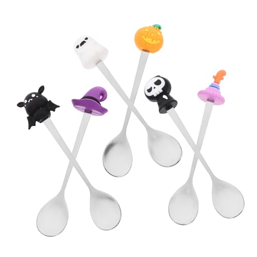 JECOMPRIS 6Pcs Halloween Style Stainless Steel Cake Spoons Multipurpose Dessert Utensils with Unique Designs for Parties Includes Pumpkin Bat Skull Witch Hat Ghosts