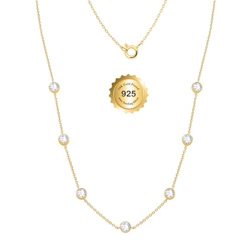 Poshadime 2.80 CTTW Bezel-Set Lab Grown Diamond Station Necklace for Women – 14K Yellow Gold Plated 925 Sterling Silver – VS1 Clarity E–F Color Diamonds, 18 Inch Minimalist Necklace