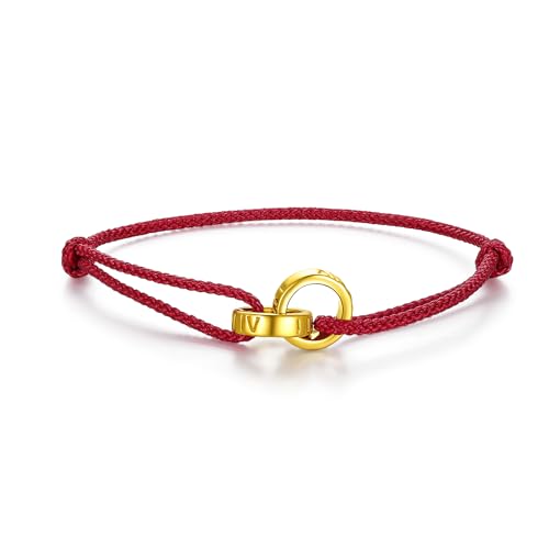 24K Solid Gold Bracelet for Women, Real Pure Gold Circle Jewelry Dainty Double Ring Jewelry Adjustable Red Braided Bracelet for Men Lover ADBZ175718