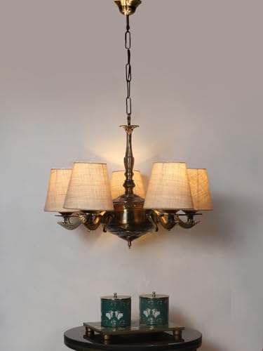 Image of Devansh 05 Lights White Jute conical Shade with Antique Golden Chandelier