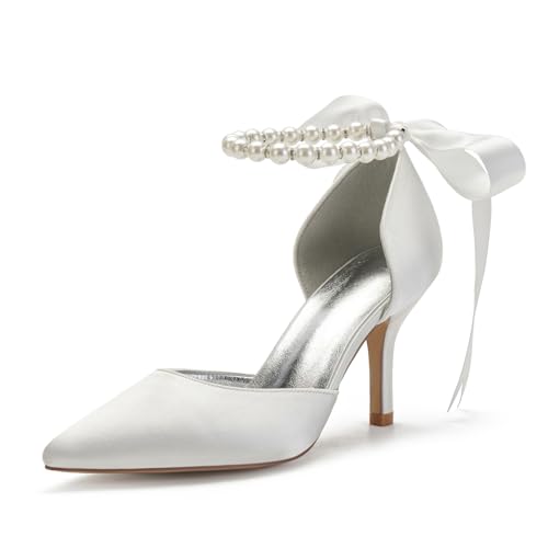 Image of Women's Pearl White Wedding Shoes for Bride High Heels Pointed Toe Bridal Shoes Satin Prom Party Dress Pumps Sandals