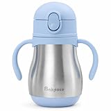 Bakpoco Stainless Steel Straw Sippy Cup for Toddlers 1-3 Years Old, Insulated Toddler Water Bottle Baby Training Tumbler with Handles, 8oz Kids Straw Cups for Travel, Daycare & At Home, Blue