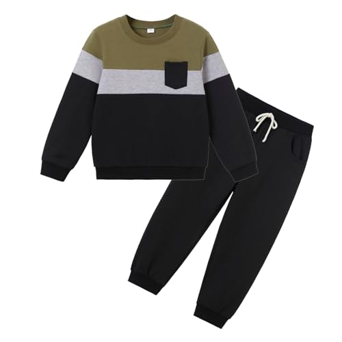 Poovole Little Boys Clothes Size 7 Long Sleeve Color Block Sweatsuits and Pants 2PCS Outfits Set Fall Boys Clothing Size 8 Green 7-8 Years
