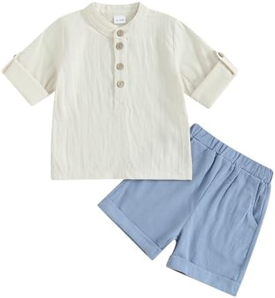 Gueuusu Baby Boy Summer Clothes Cotton Linen Short Sleeve Henley Shirts and Shorts Set Toddler 2Pcs Solid Outfit