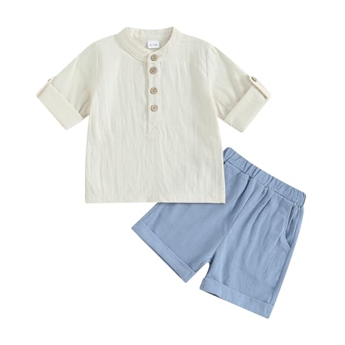 Gueuusu Baby Boy Summer Clothes Cotton Linen Short Sleeve Henley Shirts and Shorts Set Toddler 2Pcs Solid Outfit