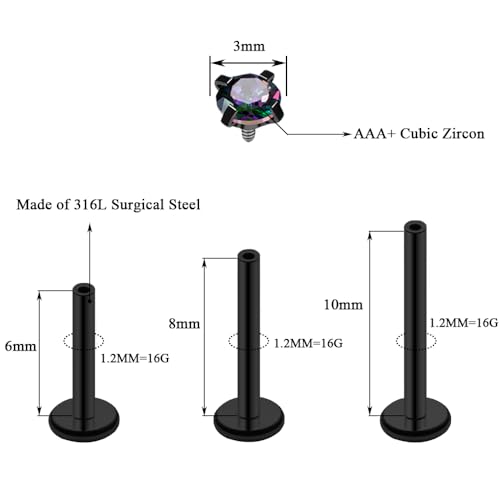 16G 18G Tragus Labret Lip Piercing Jewelry Black, Internally Threaded Surgical Steel CZ Studs for Women Men, 6mm 8mm 10mm Labret Nose Stud Cartilage Helix Medusa Conch Piercing Jewelry2