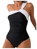 Milumia Women's One Shoulder One Piece Swimsuit Colorblock Asymmetrical Neck Bathing Suit Black and White