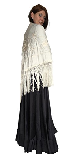 Shawl for flamenco dance. Beige Manila shawl with flowers. Large 75.0 x 35.4 in2