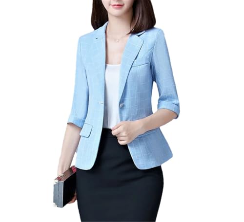 Blazer en lin manches 3/4 vêtement d'extérieur élégant pour femme bleu à carreaux
