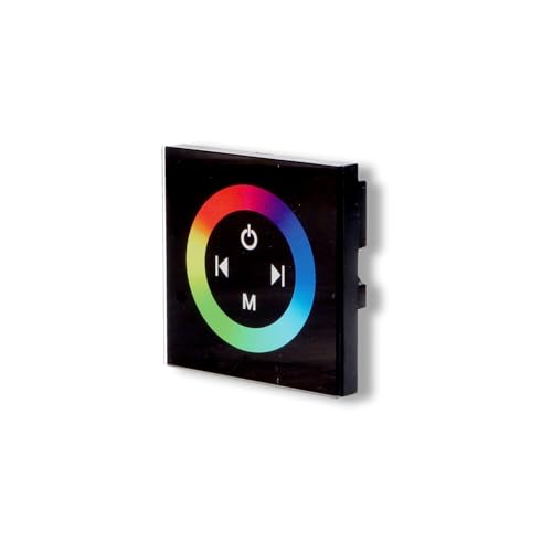 VoltShine Dimmer empotrable táctil RGB para tiras LED 12/24V, control de brillo y color, ideal para iluminación personalizada en hogares y comercios.