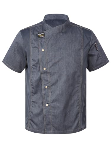 IEFIEL Camisa de Cocinero Camiseta Manga Corta Cuello Mandarín Unisexo para Hombre Mujer Chaqueta Chef con Botónes Uniforme de Cocina Hotel Restaurante Z Gris L