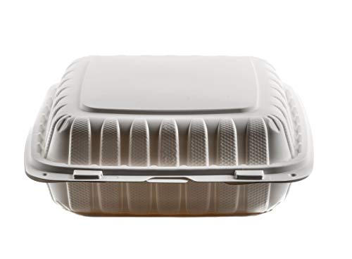 [100 Pack] 9 inch 3 Compartment Clam Shell Take Out Food Container - Mineral Filled Polypropylene, Tree Free - Microwavable, Bidodegradable, Recyclable, Heavy Duty, MFFP (9 inches)