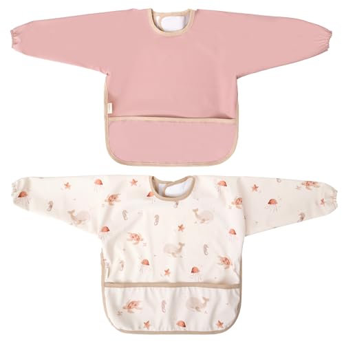 MIMUSELINA | 2er-Set Wasserdichte Baby-Ärmellätzchen | Mit Elastischen Bündchen und verstellbarem Verschluss | Perfekt für Beikost, Spielen und Kita (Coral)