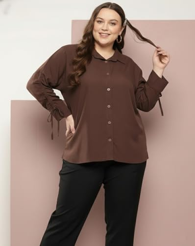 Image of MAYKR Plus Size Women Brown Formal Casual Shirt | Collared Button Down Top