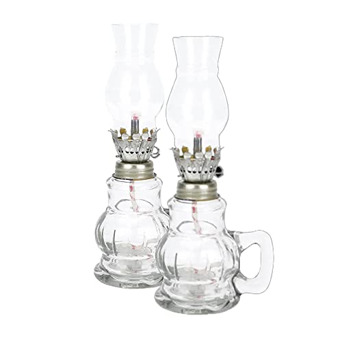 Lot de 2 lampes à pétrole en verre de 17,8 cm lanterne à huile avec poignée lanterne ouragan en verre lampe de table classique au kérosène rétro famille lumières décoratives lampe à huile d'urgence po Cover