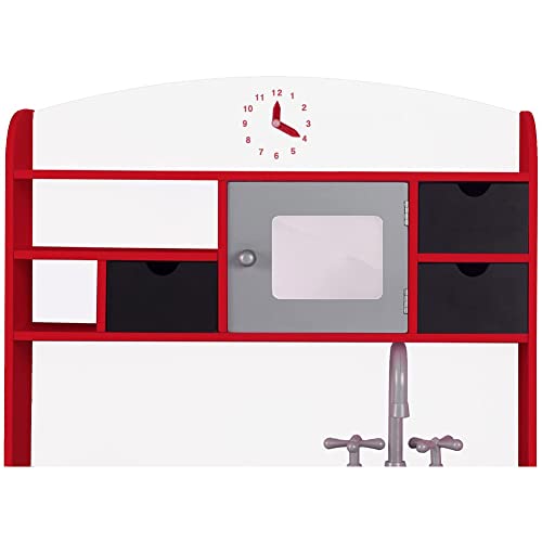 Bakaji Cucina In Legno Giocattolo Per Bambini Con Anta E Cassetti Lavagna Lavello In Plastica 4 Fornelli Forno Apribile E Microonde Chiusure Magnetiche 60 X 30 X 90 Cm (Rosso) - 7