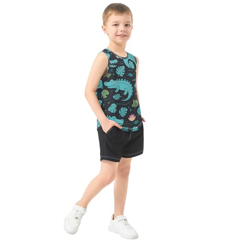 JUNZAN Alligators Tropical Leaves Boys Tshirts Tank Tops Sleeveless Teens Vest Kids Activewear for Soccer Exercise Beach 3T4