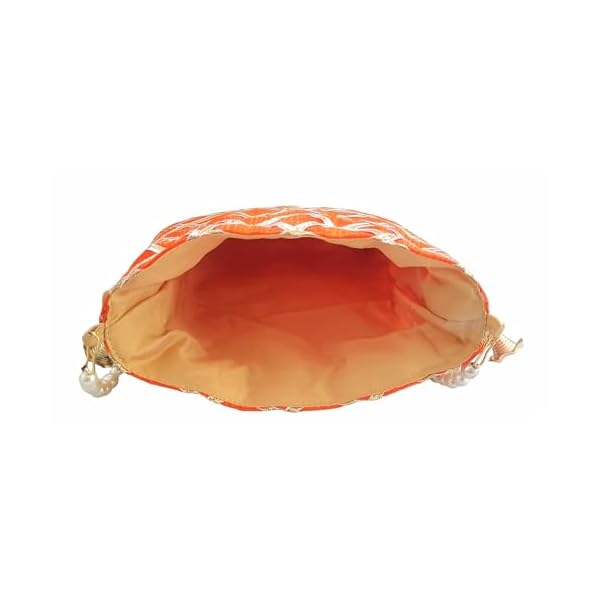 DUCHESS Women's Gota Patti Orange Potli Bag Purse with Pearl Handle - Image 6
