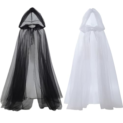 CanB Tulle Hooded Cape Long Cloak Halloween Costume Cloak Adult Full-Length Sheer Cosplay Cape for Women (Black)