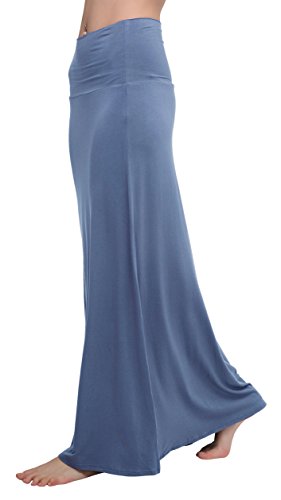 Urban CoCo Women's Stylish Spandex Comfy Fold-Over Flare Long Maxi Skirt (M, Greyish Blue)