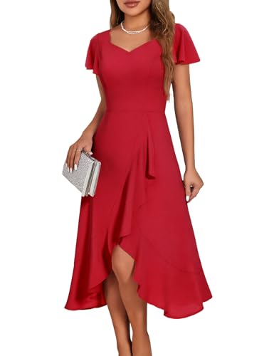 Image of HomRain V Neck Formal Wedding Guest Dresses for Women Ruffle Sleeves for Cocktail Graduation Modest Dress