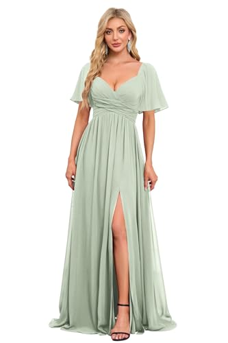 Image of Women's Flutter Sleeves Chiffon Bridesmaid Dresses with Slit Long A Line V-Neck Formal Party Dress with Pockets