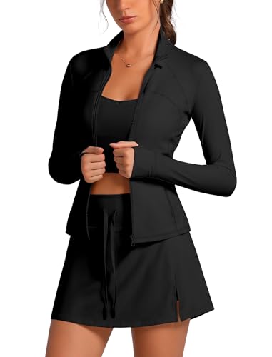OMEWEE Women's Tennis 3 Piece Outfits Long Sleeve Zip Up