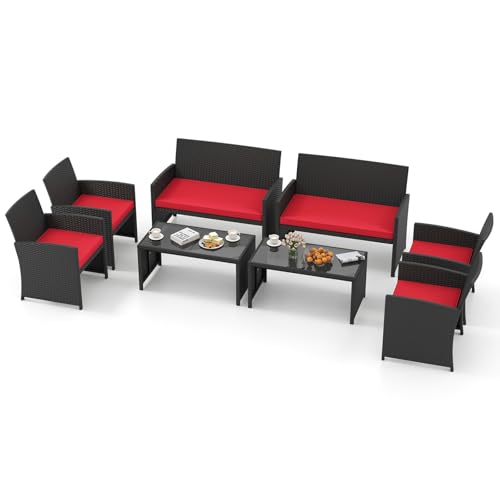 Image of Tangkula 8 Pieces Patio Wicker Furniture Set, Outdoor Heavy Duty Rattan Cushioned Chairs, Loveseat and Tempered Glass Coffee Table, for Backyard, Balcony, Poolside