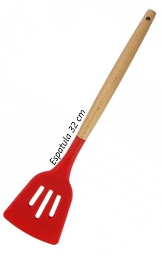 KIT 3 pç Espátula Vazada Colher Servir e Concha Silicone VERMELHA cabo Madeira 32cm MARAMASHOP