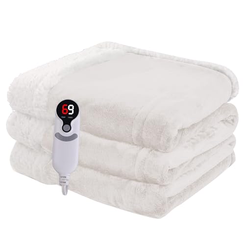 Heated Blanket Electric Blanket Full Size 72x84 with 9 Heating Levels 1-10 Hour Auto Shut Off Machine Washable Flannel & Sherpa Soft Warming Blanket for Couch Bed Office - White