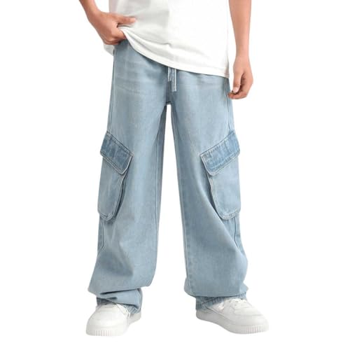 Verdusa Calça jeans cargo solta com cordão na cintura e bolso com aba, Lavagem média, 12 Anos