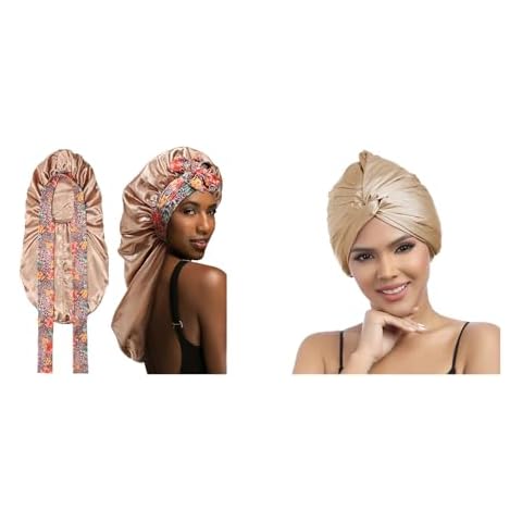 MBJERRY Champagne Long Satin Braids Bonnet and Champagne Satin Bonnet for Sleeping with Knotted Cover