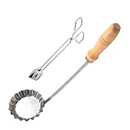 Kichvoe Stainless Steel Frying Spoon and Tong with Wooden Handles Fried Food Scoop and Dough Mold Tool for Kitchen Cooking and Snack Preparation