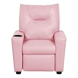 Lilola Home Perline 23' W Pink PVC Fabric Kids Recliner Chair – Faux Leather Toddler Armchair with Cup Holder and Soft Padded Back for Bedroom or Playroom