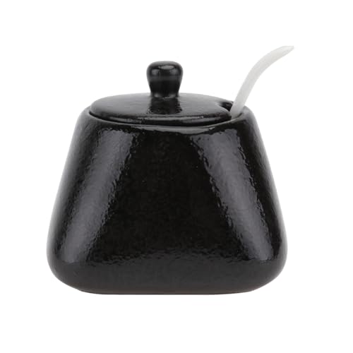 DOITOOL Sugar Bowl with Lid and Spoon, Ceramic Sugar Jar Porcelain Condiment Pot Ceramic Seasoning Bowl for Home Kitchen, Black