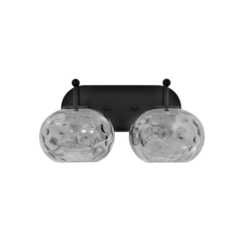 Image of Matte Black Vanity Light Smoked Grey Hammered Glass Wall Sconce 2-Light Modern Mid-Century Wall Lamp for Hallway Living Room Stairwell Bathroom Over Mirror