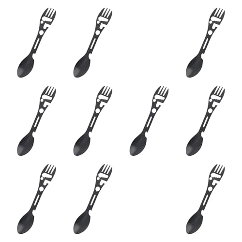 Yiju 10Pcs Multifunction Camping Spork Fork & Eating Tool Cutlery Wrench Can and Bottle Opener for Picnic Traveling Camping, Black