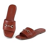 NIZOWI Women's Dressy Flat Sandals for Women Square Open Toe Slip on Comfortable Leather Summer Sandals Slide Fashion Summer Flat for Women 2025 Brown