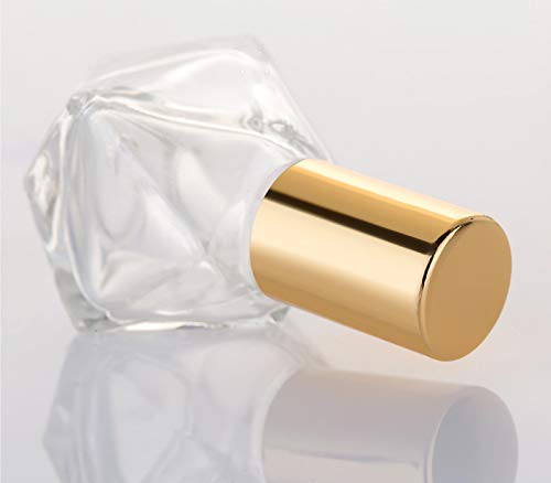 12 Pack 8ml Diamond shaped Roller Bottle,Empty Refillable Glass Roll On Bottle For Essential Oils,Parfum Cosmetic Containers With Stainless Steel Roller Balls Golden Lid-Travel Sample Vials