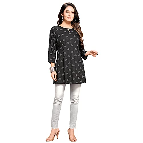 Shiv Textiles Women's Rayon Fabric Printed Round Neck Short Kurtis Top Dresses Kurti