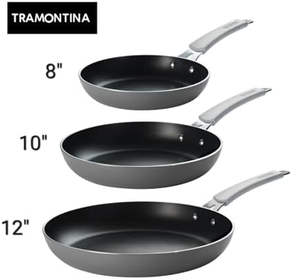 Tramontina 3 Piece Nonstick Fry Pan Set 8" 10" 12", Heavy-gauge aluminum, Porcelain enamel exterior, Reinforced nonstick interior is made without PFOA. Riveted soft-grip silicone handle. - Thumbnail 3