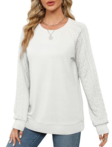 Image of Saloogoe Sweatshirts for Women Crewneck Cable Knit Sleeve Sweaters Lightweight Fashion 2025