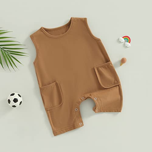Bulingna Newborn Infant Baby Boy Basic Solid Color Romper Jumpsuit Sleeveless Playsuit Overalls Summer One Piece Outfits (Brown, 3-6 Months) #TOP1