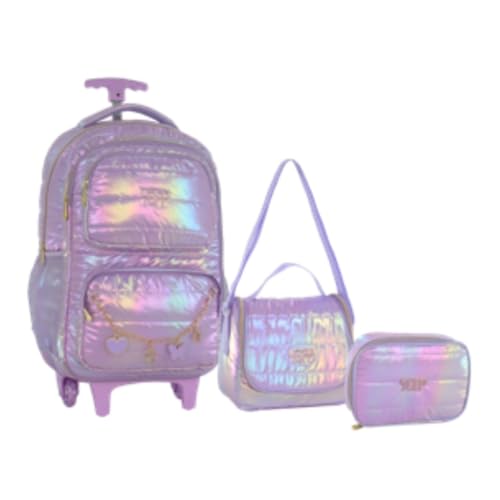 Kit Mochila 18” Rodinha Metalizada Brilho Com Estojo Box Lancheira Térmica Escolar Feminina (Lilás)