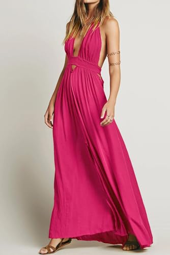 Image of R.Vivimos Boho Maxi Dresses for Women 2026 Summer Sleeveless Halter Elastic Waist Sexy Backless Front Slit Flowy Long Dresses