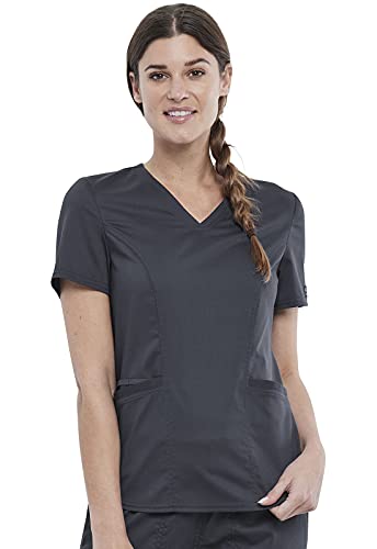 Cherokee Scrubs for Women V-Neck Scrub Top with 2 Pockets, Ultra Soft Stretch, Durable Easy Care Medical Uniform - WW612P, M Petite, Pewter