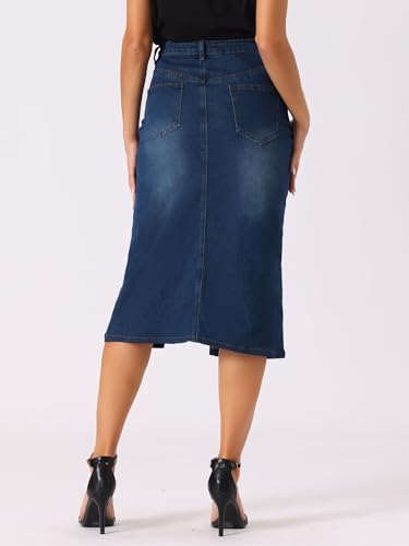 Allegra K Denim Skirt for Women's High Waist Slit Front Washed Jean Midi Skirts with Pockets3