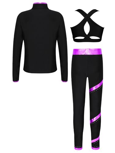 Kids Girls 3Pcs Skating Gymnastics Performance Sportsuit Sleeveless Crop Top Zipper Jacket and Leggings Set2