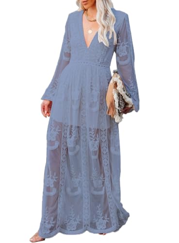 LRISES Women V Neck Floral Lace Maxi Dress Boho Long Sleeve Slit Bridal Wedding Guest Cocktail Formal Party Dresses Dusty Blue